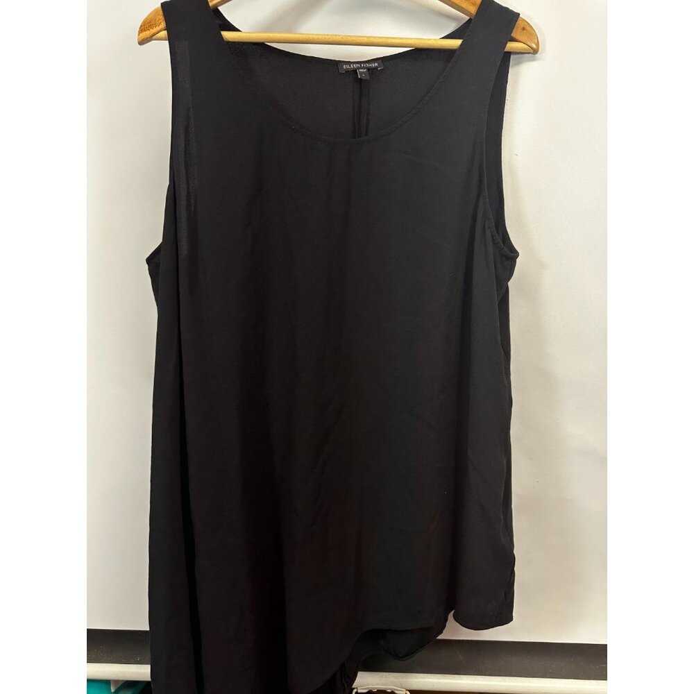 Eileen Fisher Top Large Sleeveless Black Silk Tank Asymmetrical Hemline